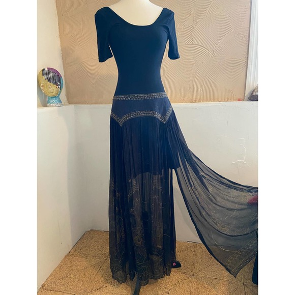 Camilla Egyptian print  long skirt, Layered Maxi Skirt w/crystal embellishment - Picture 5 of 13